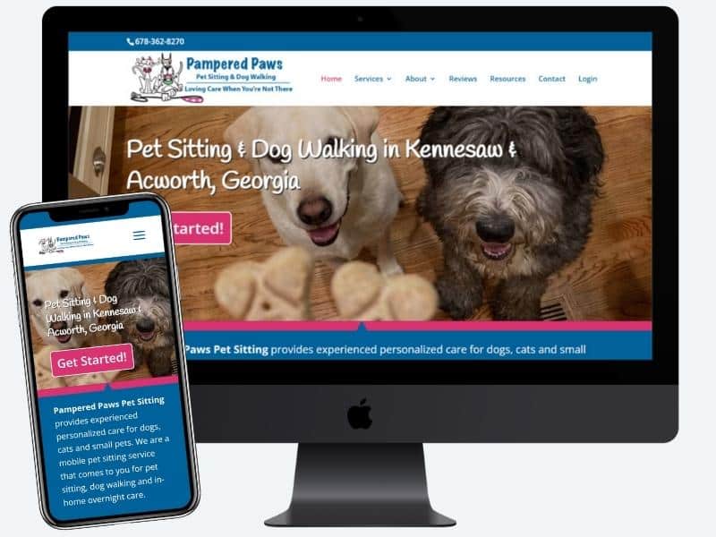 Computer mock up of a pet sitter and dog walker website.
